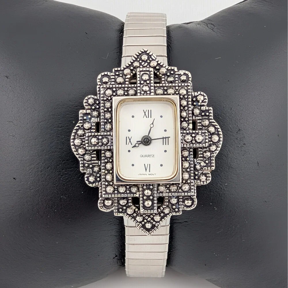 Avon Art Deco Marcasite Style Stretch Bracelet Watch Silver Tone
